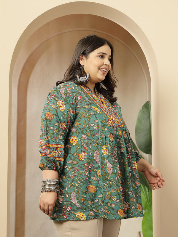 Stylum Women's Plus Size Green Floral Printed Cotton Empire Top (TOPGREENRAAGIPLUS)