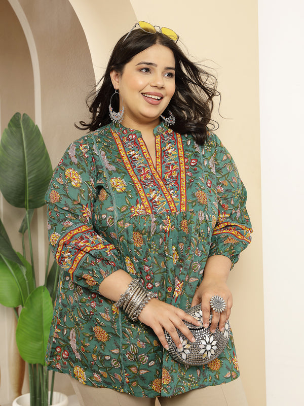 Stylum Women's Plus Size Green Floral Printed Cotton Empire Top (TOPGREENRAAGIPLUS)