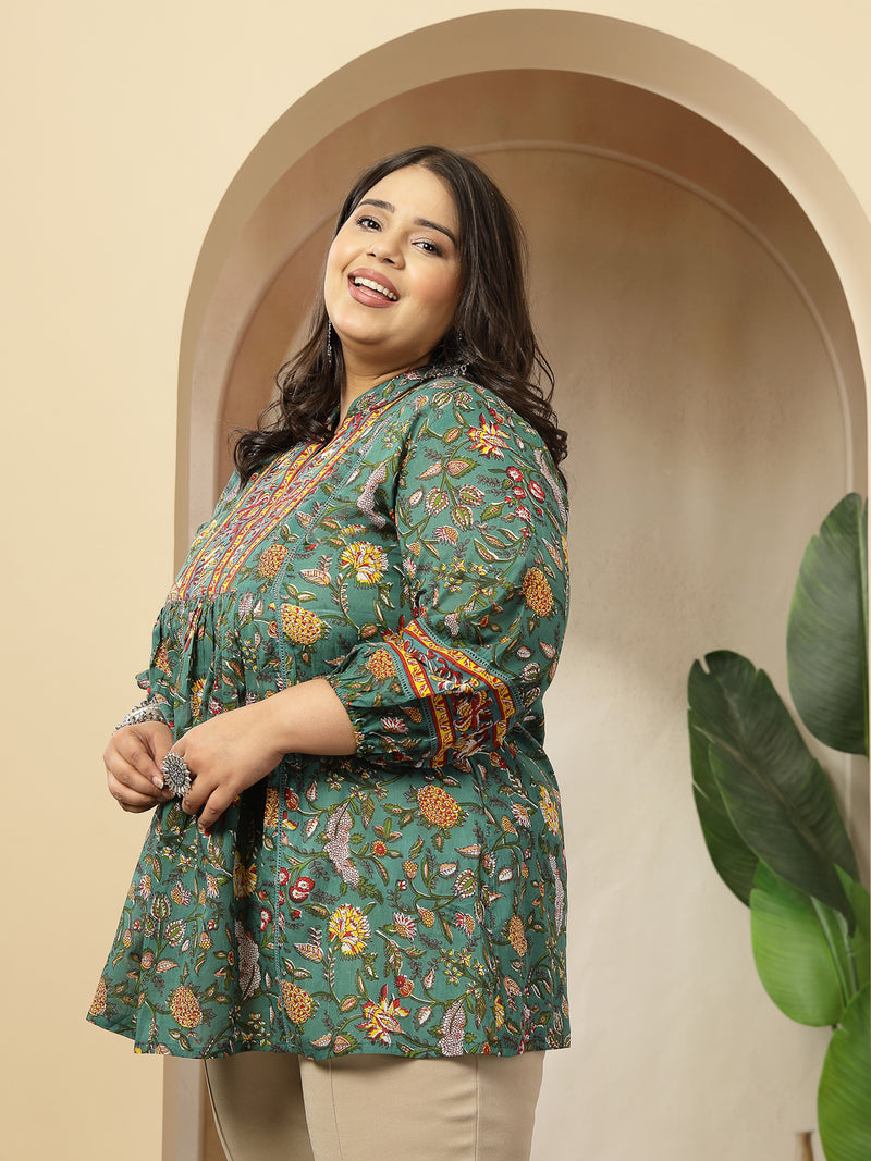 Stylum Women's Plus Size Green Floral Printed Cotton Empire Top (TOPGREENRAAGIPLUS)
