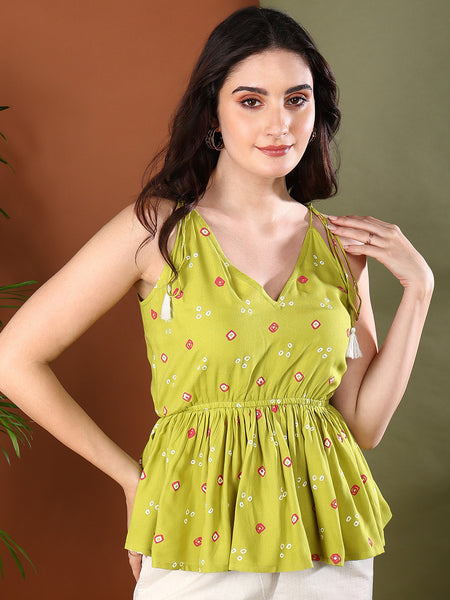 Stylum Women's Green Bandhej Printed Rayon Short Peplum Top (TOPGREENROKA)