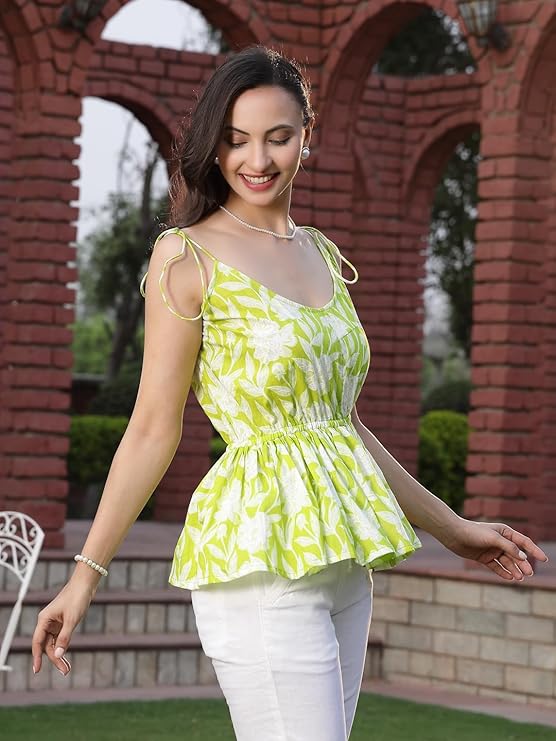 Stylum Women's Green Floral Printed Cotton A-Line Top (TOPGREENROLF)