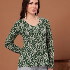 Stylum Women's Green Floral Printed Cotton Straight Top (TOPGREENSCAR)