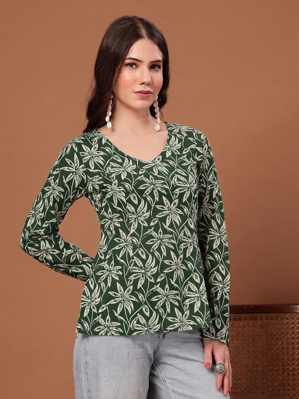 Stylum Women's Green Floral Printed Cotton Straight Top (TOPGREENSCAR)