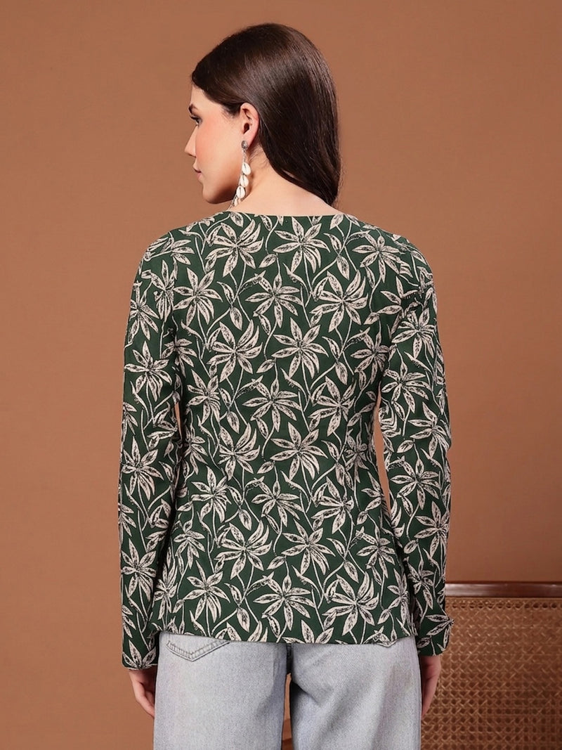 Stylum Women's Green Floral Printed Cotton Straight Top (TOPGREENSCAR)
