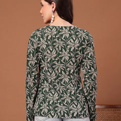 Stylum Women's Green Floral Printed Cotton Straight Top (TOPGREENSCAR)