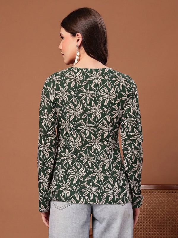 Stylum Women's Green Floral Printed Cotton Straight Top (TOPGREENSCAR)