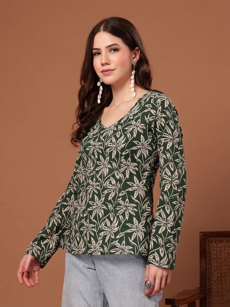 Stylum Women's Green Floral Printed Cotton Straight Top (TOPGREENSCAR)