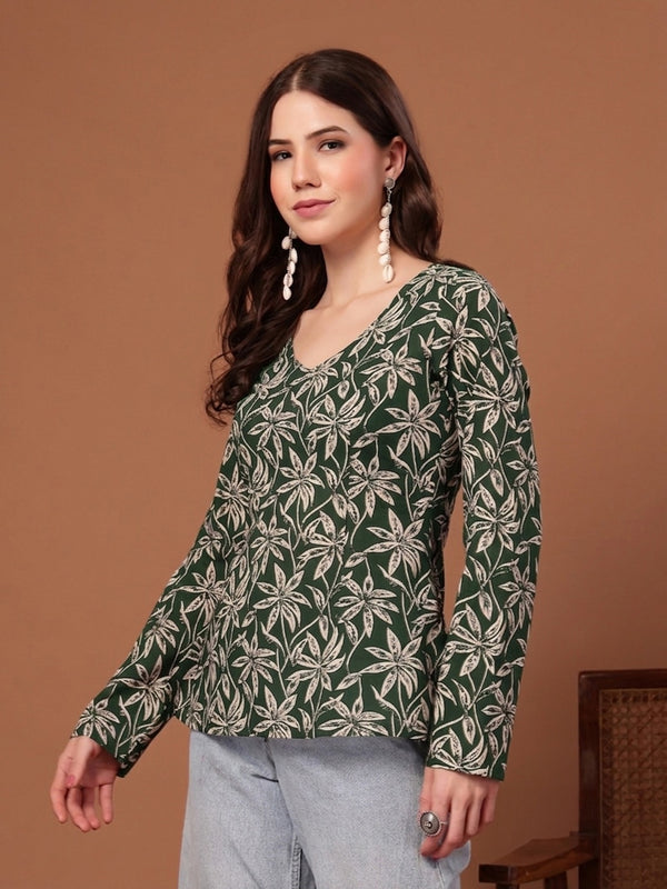 Stylum Women's Green Floral Printed Cotton Straight Top (TOPGREENSCAR)