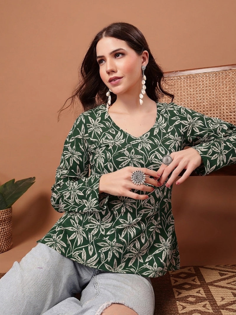 Stylum Women's Green Floral Printed Cotton Straight Top (TOPGREENSCAR)