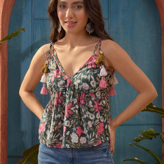 Stylum Women's Green Floral Printed Cotton Peplum Top (TOPGREENSIZZLING)