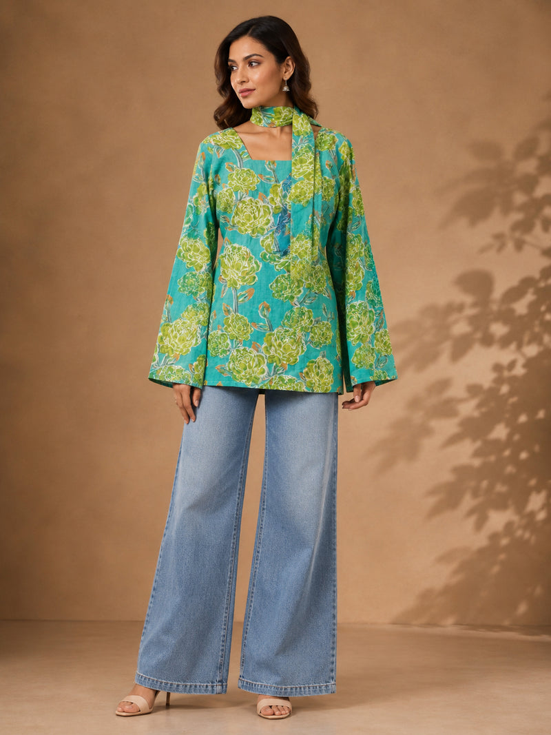 Stylum Women's Green Floral Printed Cotton Straight Top (TOPGREENTRILL)