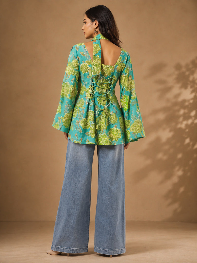 Stylum Women's Green Floral Printed Cotton Straight Top (TOPGREENTRILL)