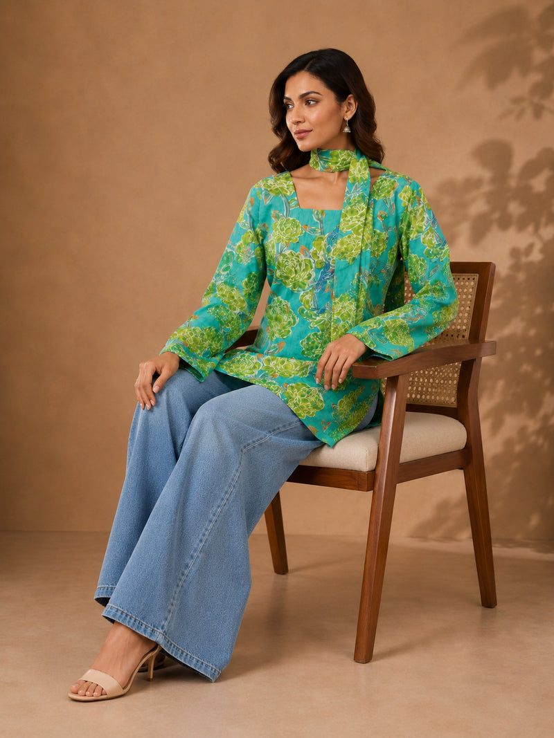 Stylum Women's Green Floral Printed Cotton Straight Top (TOPGREENTRILL)