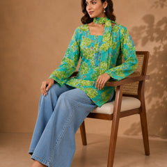 Stylum Women's Green Floral Printed Cotton Straight Top (TOPGREENTRILL)