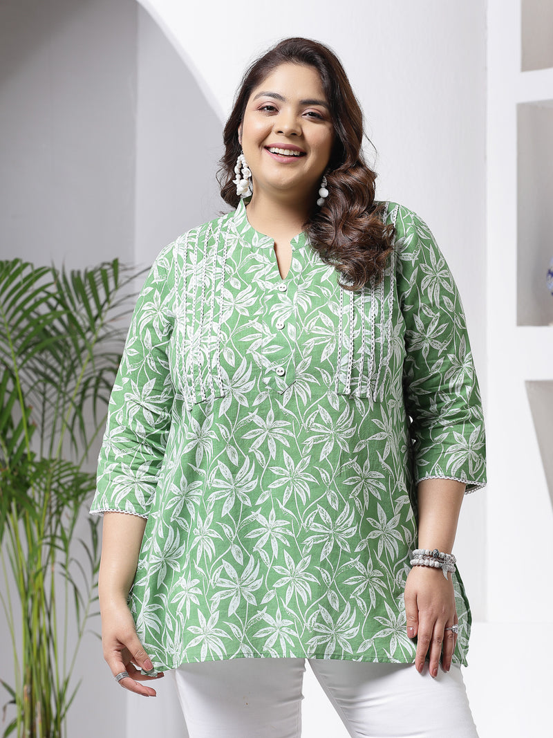 Plus Size Women's Tropical Printed Cotton Empire Top (TOPGREENZILLPLUS)