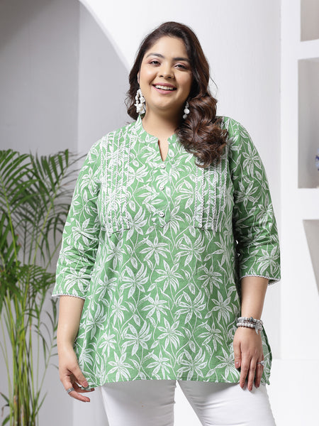 Plus Size Women's Tropical Printed Cotton Empire Top (TOPGREENZILLPLUS)