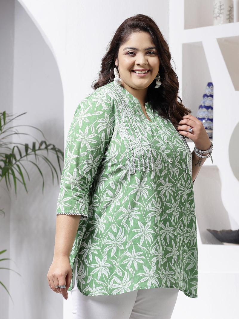 Plus Size Women's Tropical Printed Cotton Empire Top (TOPGREENZILLPLUS)