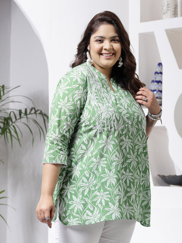 Plus Size Women's Tropical Printed Cotton Empire Top (TOPGREENZILLPLUS)