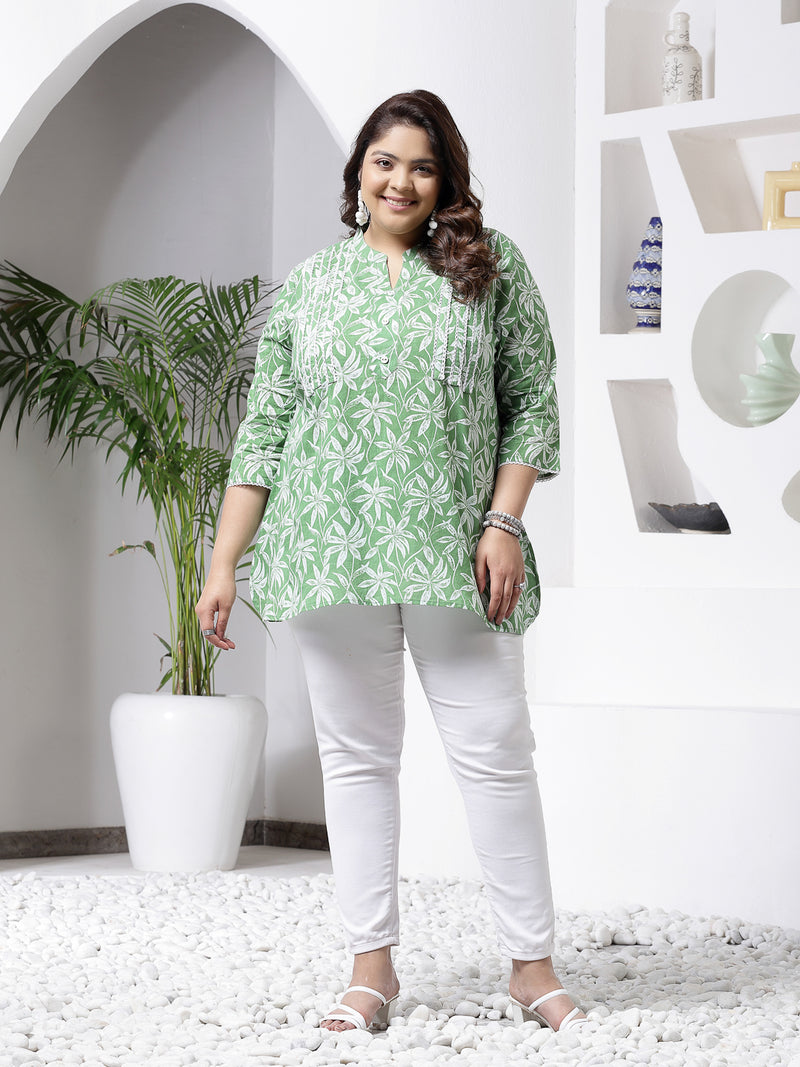 Plus Size Women's Tropical Printed Cotton Empire Top (TOPGREENZILLPLUS)