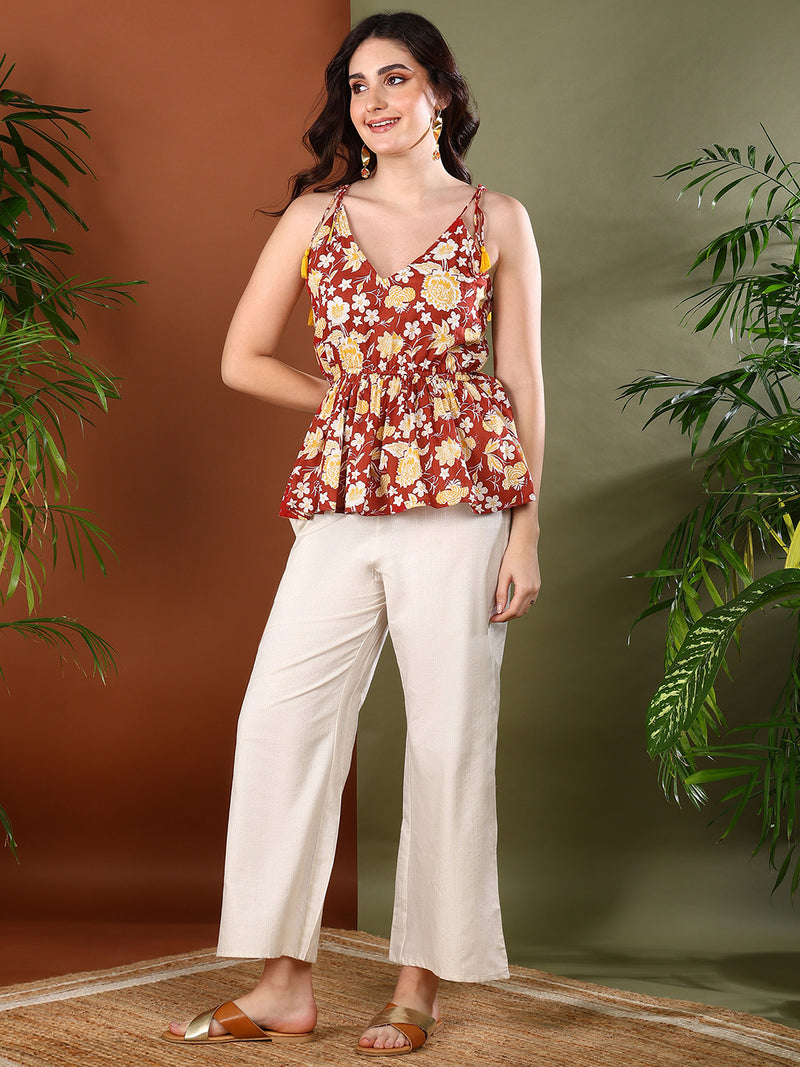 Stylum Women's Rust Floral Printed Cotton Short Peplum Top (TOPGULABGANG)