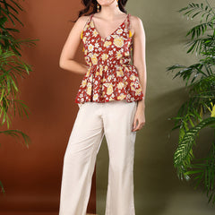Stylum Women's Rust Floral Printed Cotton Short Peplum Top (TOPGULABGANG)