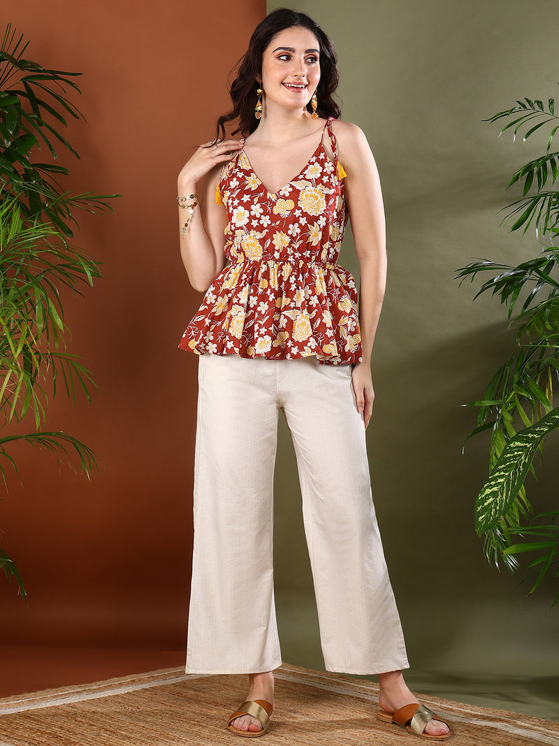 Stylum Women's Rust Floral Printed Cotton Short Peplum Top (TOPGULABGANG)