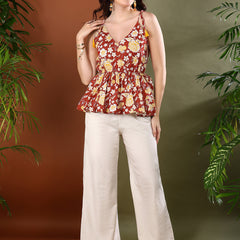 Stylum Women's Rust Floral Printed Cotton Short Peplum Top (TOPGULABGANG)