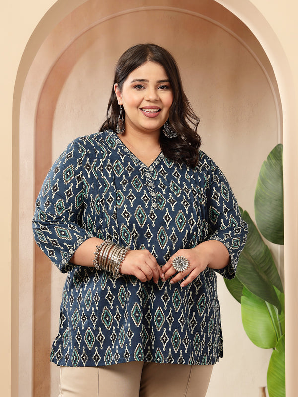 Stylum Women's Plus Size Blue Ethnic Printed Cotton Empire Top (TOPINDIGOERUMPLUS)