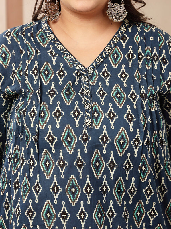 Stylum Women's Plus Size Blue Ethnic Printed Cotton Empire Top (TOPINDIGOERUMPLUS)