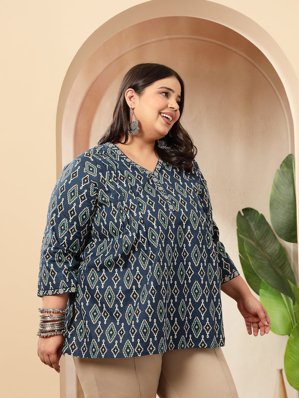 Stylum Women's Plus Size Blue Ethnic Printed Cotton Empire Top (TOPINDIGOERUMPLUS)