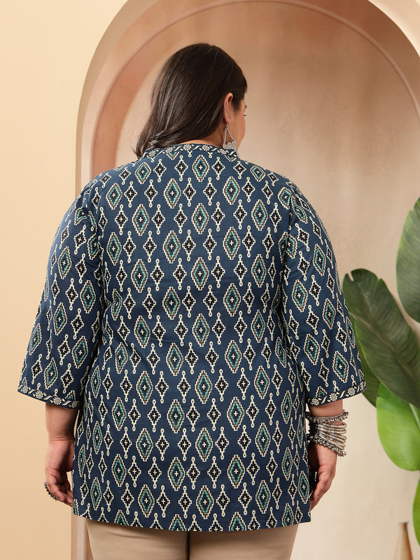Stylum Women's Plus Size Blue Ethnic Printed Cotton Empire Top (TOPINDIGOERUMPLUS)