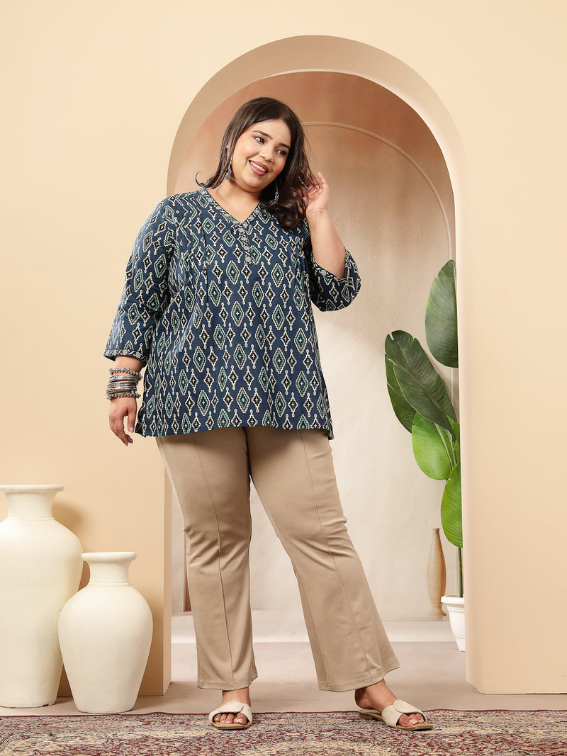Stylum Women's Plus Size Blue Ethnic Printed Cotton Empire Top (TOPINDIGOERUMPLUS)