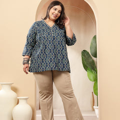 Stylum Women's Plus Size Blue Ethnic Printed Cotton Empire Top (TOPINDIGOERUMPLUS)