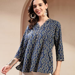 Stylum Women's Blue Ethnic Printed Cotton Empire Top (TOPINDIGOERUM)