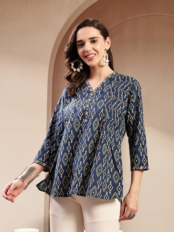 Stylum Women's Blue Ethnic Printed Cotton Empire Top (TOPINDIGOERUM)