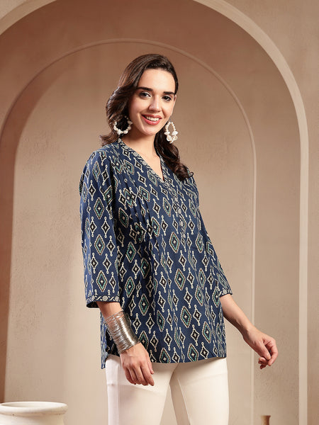 Stylum Women's Blue Ethnic Printed Cotton Empire Top (TOPINDIGOERUM)