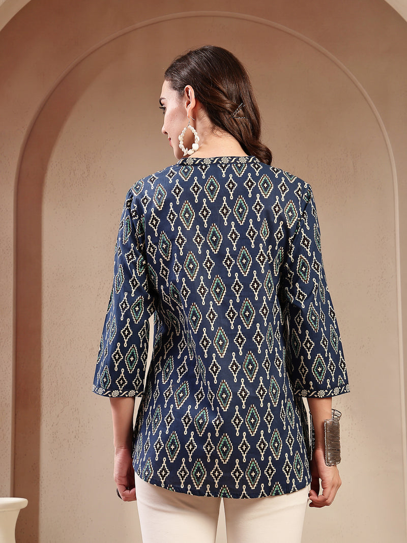 Stylum Women's Blue Ethnic Printed Cotton Empire Top (TOPINDIGOERUM)