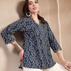 Stylum Women's Blue Ethnic Printed Cotton Empire Top (TOPINDIGOERUM)