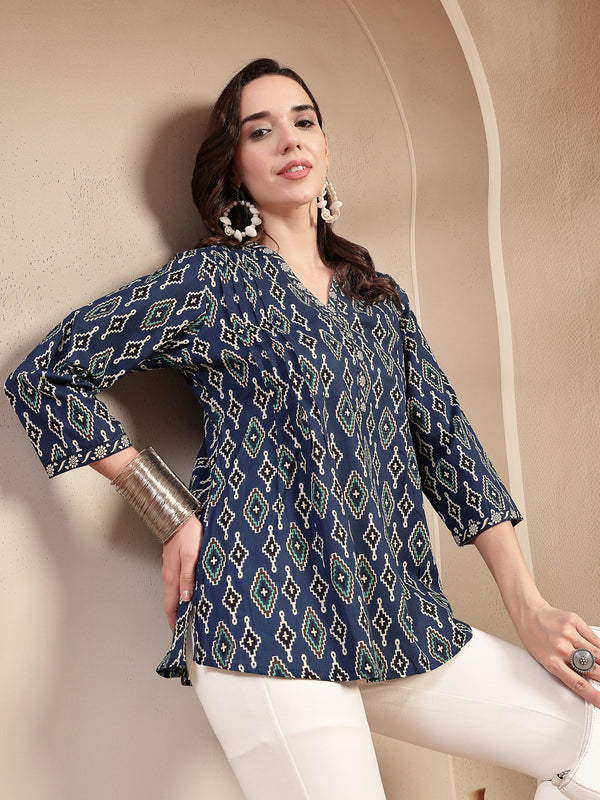 Stylum Women's Blue Ethnic Printed Cotton Empire Top (TOPINDIGOERUM)