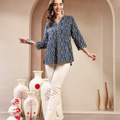 Stylum Women's Blue Ethnic Printed Cotton Empire Top (TOPINDIGOERUM)