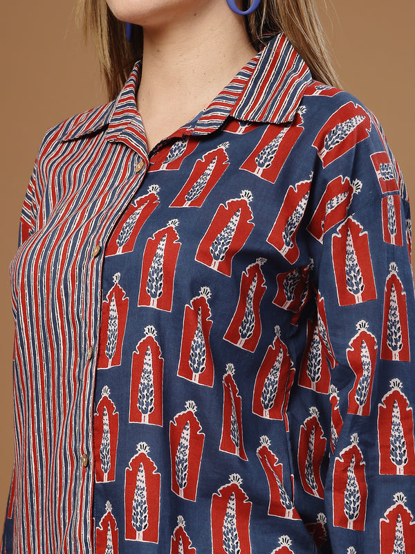 Stylum Women's Indigo Ethnic Printed Cotton Shirt (TOPINDIGOKHAJOOR)