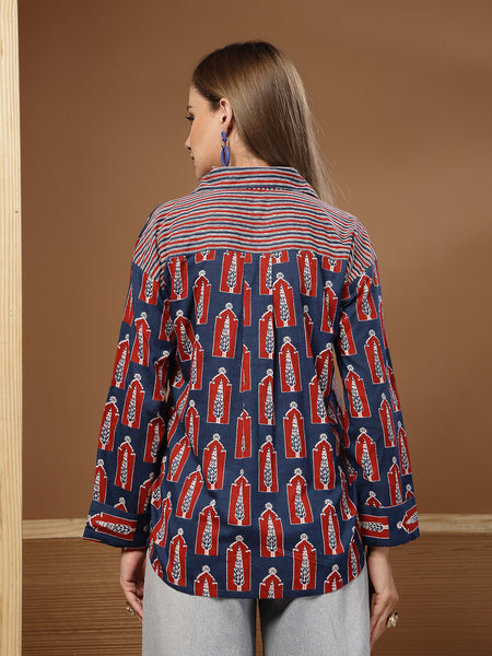 Stylum Women's Indigo Ethnic Printed Cotton Shirt (TOPINDIGOKHAJOOR)