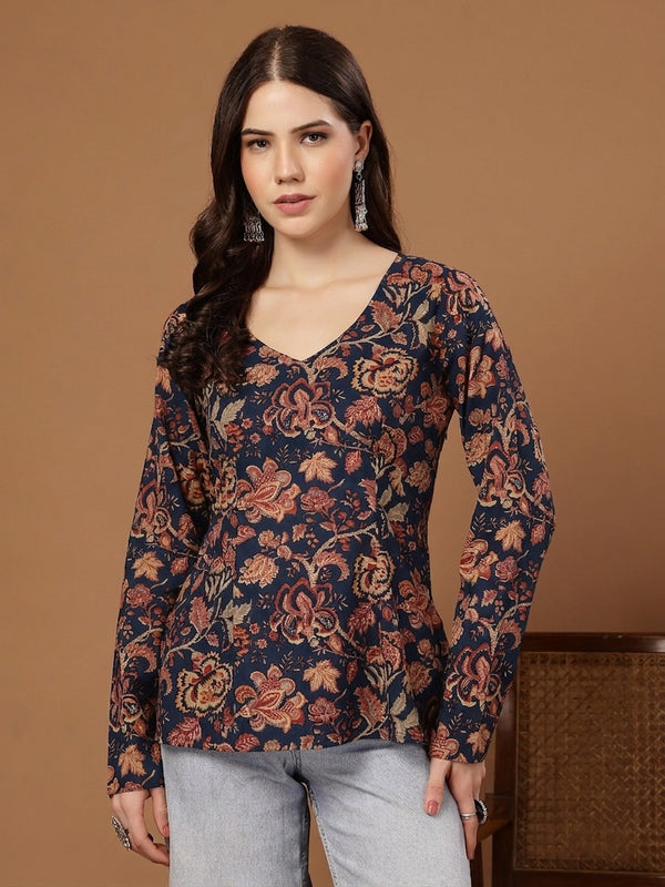Stylum Women's Indigo Floral Printed Cotton Straight Top (TOPINDIGOKRISH)