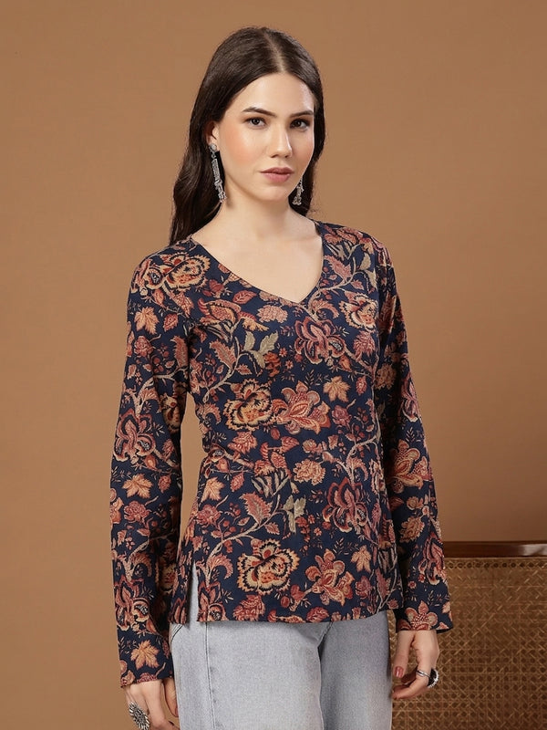 Stylum Women's Indigo Floral Printed Cotton Straight Top (TOPINDIGOKRISH)
