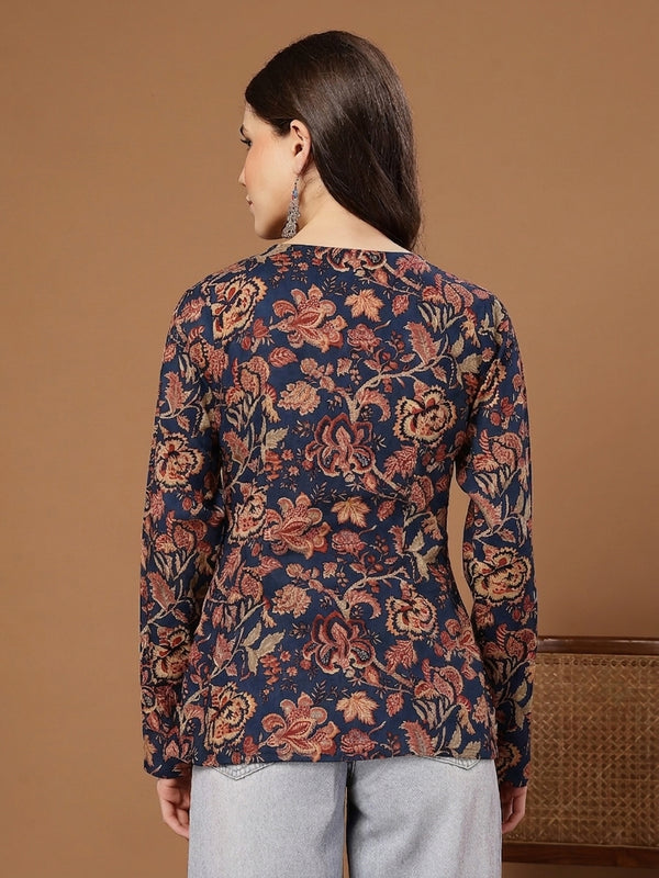 Stylum Women's Indigo Floral Printed Cotton Straight Top (TOPINDIGOKRISH)