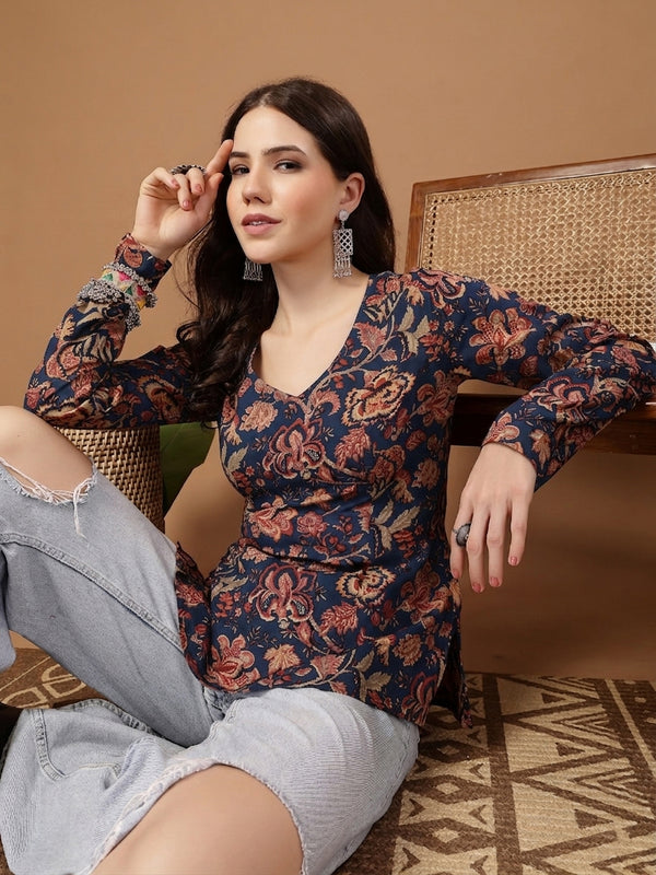 Stylum Women's Indigo Floral Printed Cotton Straight Top (TOPINDIGOKRISH)