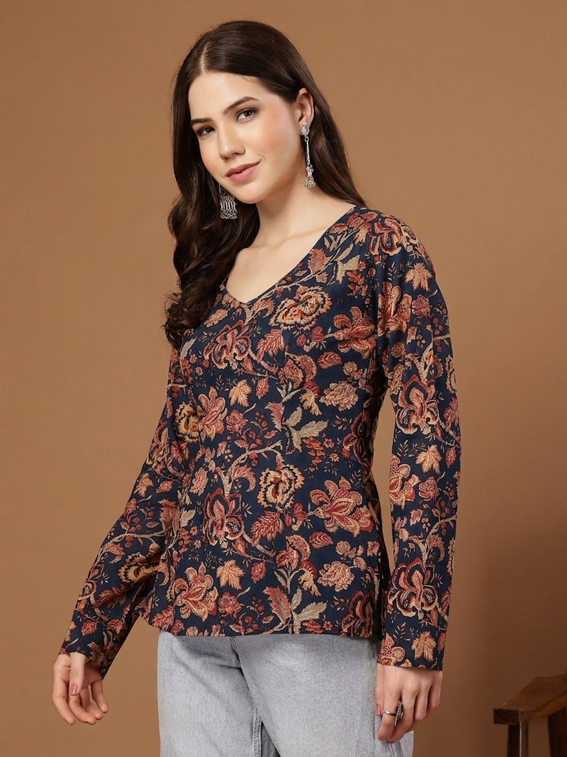 Stylum Women's Indigo Floral Printed Cotton Straight Top (TOPINDIGOKRISH)