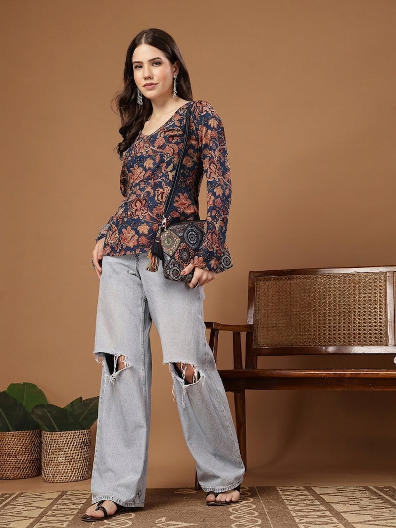 Stylum Women's Indigo Floral Printed Cotton Straight Top (TOPINDIGOKRISH)