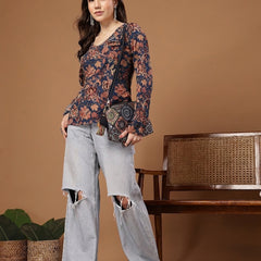 Stylum Women's Indigo Floral Printed Cotton Straight Top (TOPINDIGOKRISH)