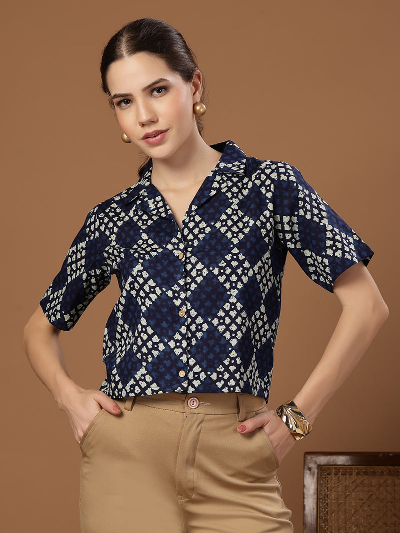 Stylum Women's Indigo Dabu Printed Cotton Crop Top (TOPINDIGOTRUNK)